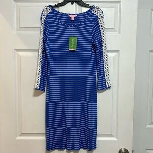 Lilly Pulitzer Blue and White Striped Crochet-Sleeve Dress